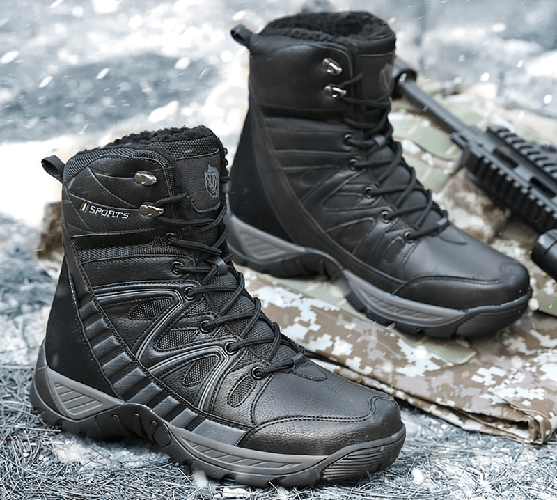 Waterproof leather anti-slip military snow boots with plush inside on snowy ground, showcasing durability and warmth.